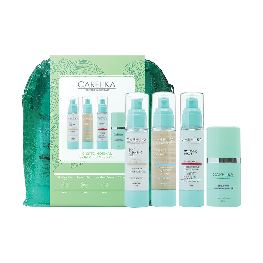 Набір Carelika Skin Welness Kit для жирної та нормальної шкіри обличчя (молочко, 50 мл + маска, 50 мл + лосьйон, 50 мл + пудра, 25 г + косметичка)